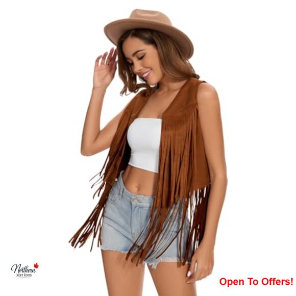 Faux Suede Fringe Vest Sleeveless Tassel Waistcoat Hippie Western - Picture 2 of 7